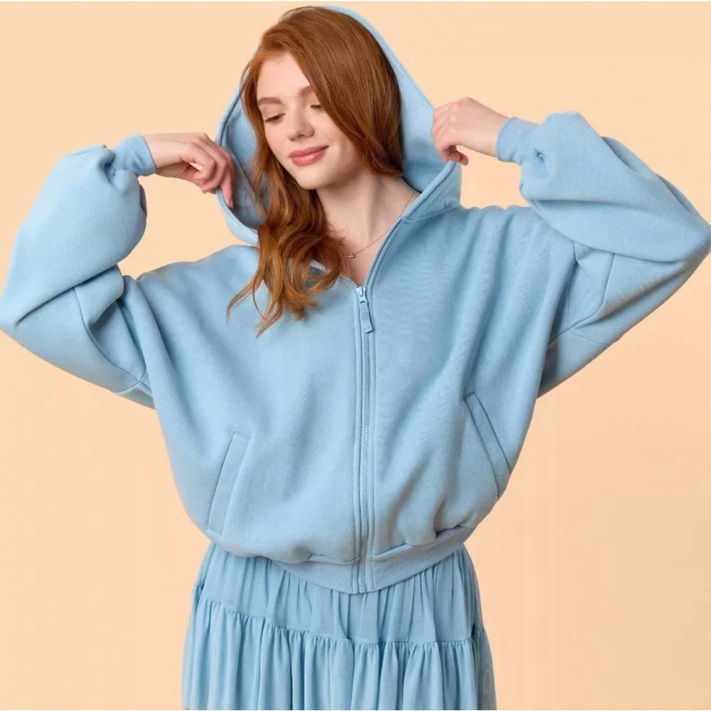 NWT! Blogilates Women's Marshmallow Full Zip Hooded Sweatshirt - Light Blue Med